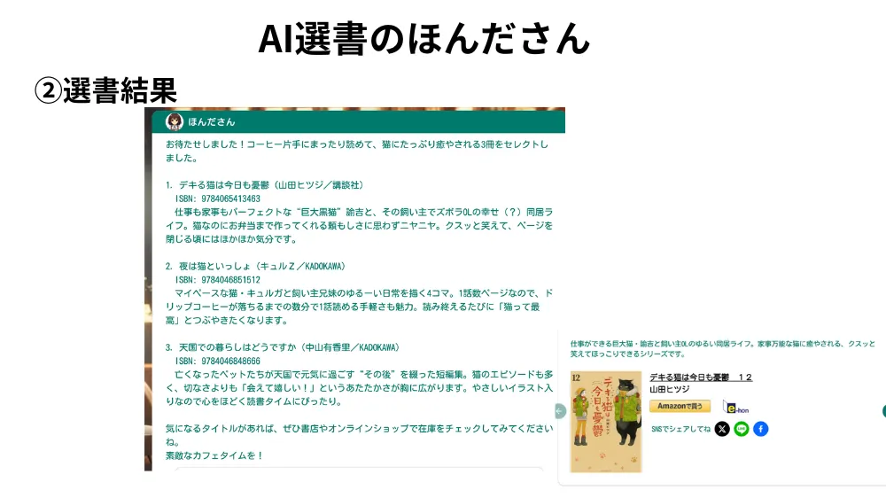 AI選書のほんださんによる選書結果